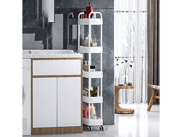 ROHCGHC Rollwagen, Kunststoff ausziehbarer Wagen Bad Waschküche Küche schmale Räume(/White,5 Tier)
