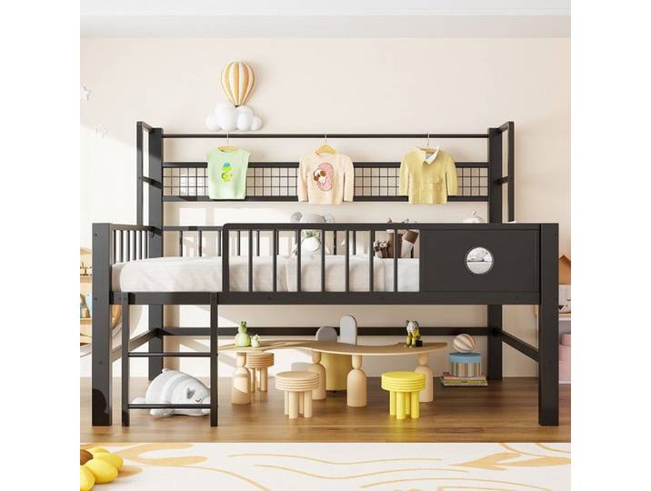 Lit enfant noir bas 90x200 cm avec cadre métallique et étagères pour enfants et adolescents