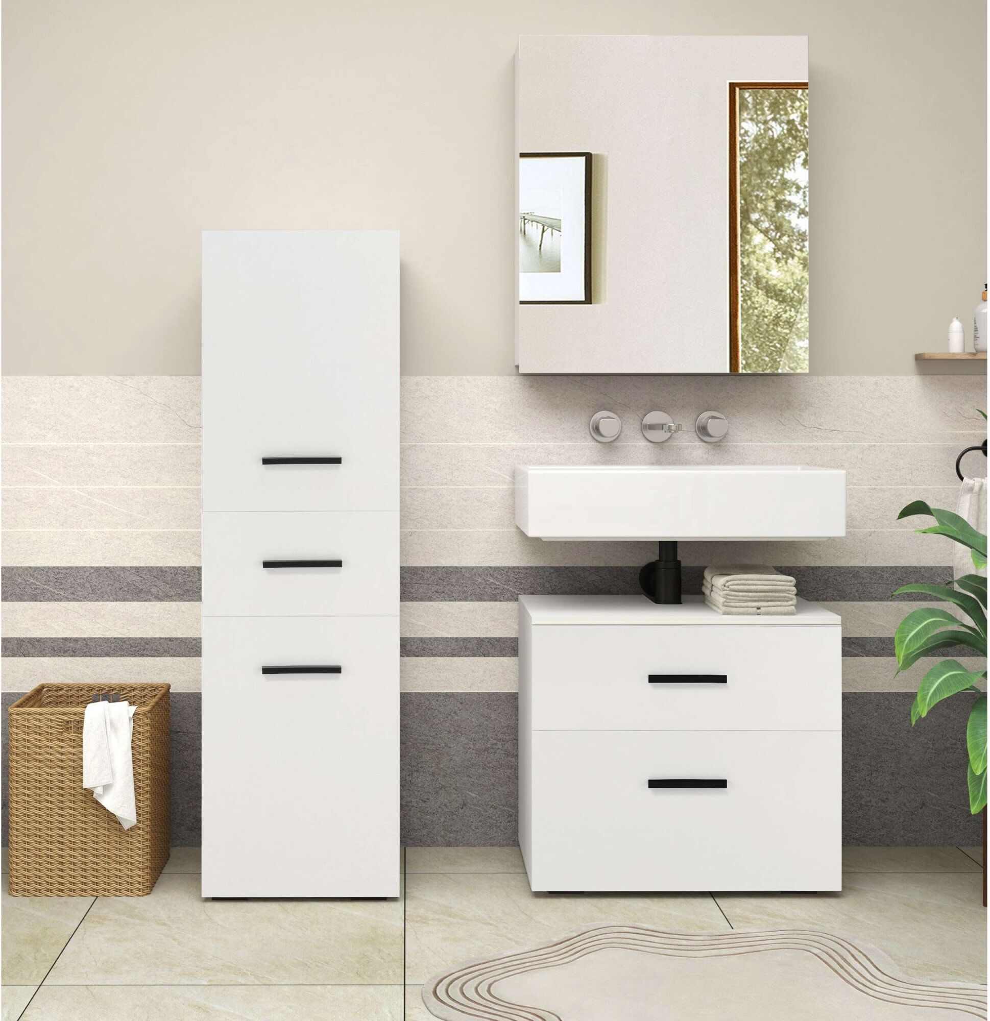 Midischrank WELLTIME "Skara", weiss (weiß), B:38cm H:130cm T:35cm, Holzwerkstoff, Schränke, Midischrank, verstellbarer Einlegeböden hinter jeder Tür, Breite 38 cm, Höhe 130 cm weiß weiss, B/H/T: 38cm x 130cm x 35cm, Schubladen: 1 Stk. Türen: 2 Stk.