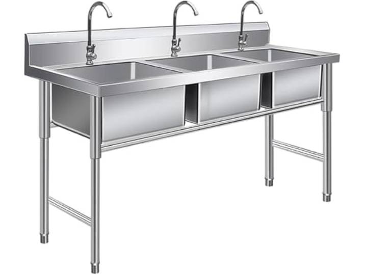 TINGMIAN Edelstahlspüle mit Drei Fächern, Freistehendes Spülbecken, Gewerbliches Küchenspülbecken Mit Becken For Waschen(120X50cm)