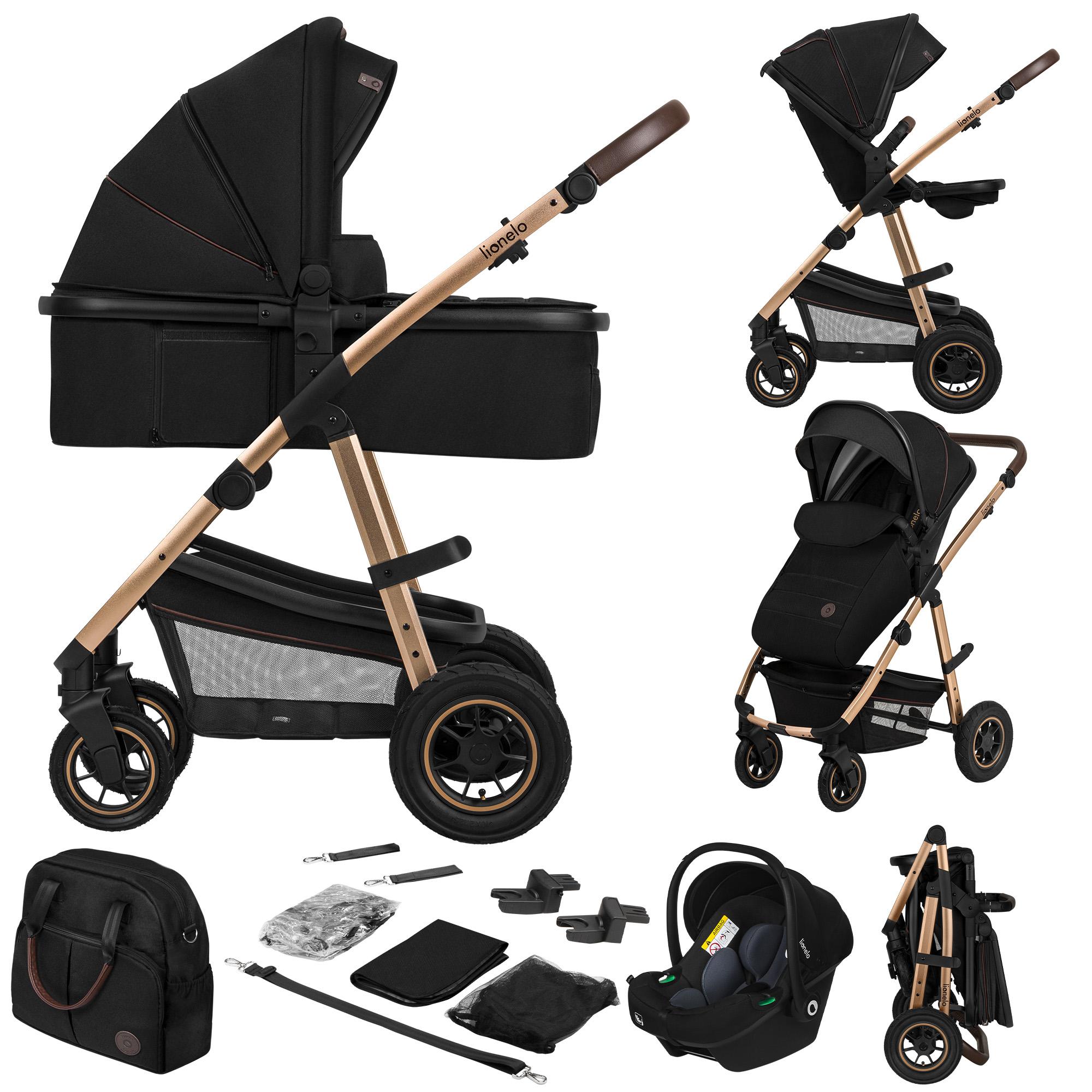 Lionelo Amber - Kombikinderwagen 3 in 1 - Set sportlicher, Sitz, fester Babywanne, Autositz, Tasche, Moskitonetz, Regenschutz - Black Onyx