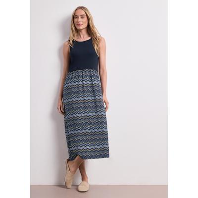 Midikleid STREET ONE, Damen, Gr. 42, N-Gr, ohne Ärmel, Web, blau (tiefblau), Web, Obermaterial: 97% Viskose, 3% Elasthan, gemustert, körpernah 3/4-Länge, Rundhals, Kleider Midikleid, mit Struktur-Rock und Zick-zack-Muster
