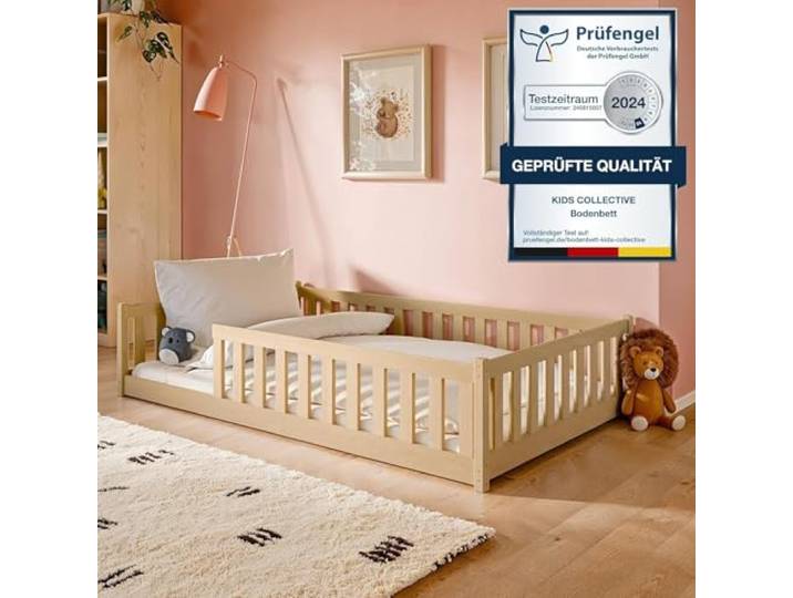 Kids Collective Montessori-Bodenbett 120x200 cm, Natur, mit Matratze Rausfallschutz, Lattenrost inklusive, für Kinder und Jugendliche