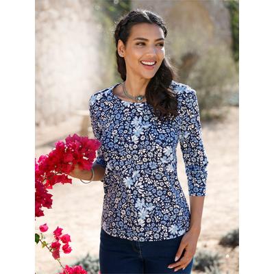 3/4-Arm-Shirt CLASSIC BASICS "3/4-Arm-Shirt", Damen, Gr. 42, blau (marine, himmelblau, bedruckt), 100% Baumwolle, geblümt, gemustert, mehrfarbig, Rundhals, Shirts 3/4-Arm-Shirt