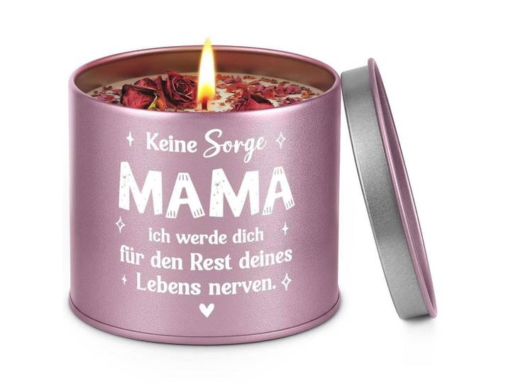Duftkerze Mama Geschenk Violett mit getrockneten Blumen und Kristallen, Rosa, Paraffin, 7.5 cm, Dekoration, Kerzen & Kerzenhalter, Duftkerzen