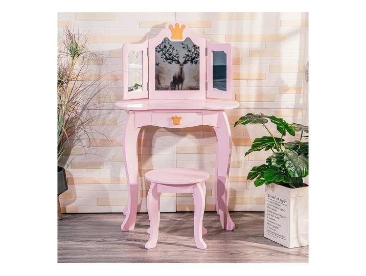 GarveeMore Schminktisch Kinderschreibtisch mit Hocker, 3-fach Klappspiegel, Schublade, Kronenform, Kippschutz, Rosa, für Kinderzimmer & Mädchenzimmer