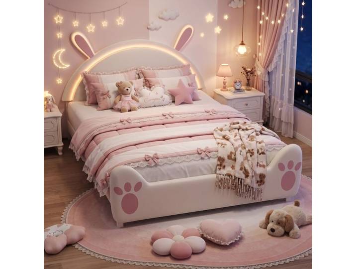 Lit Enfant Fille 140x200 cm Tête de lit lapin avec LED Lit double rembourré avec Sommier cadre de lit enfant Velours