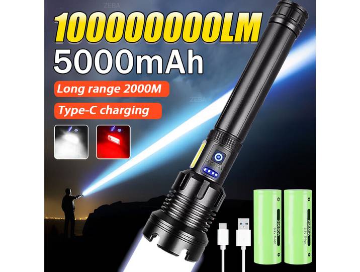 Lampe de poche LED haute puissance XHP390 haute luminosité 10000000 Lampe à lumière la plus forte Rechargeable, lanterne tactique, torche d'extérieur pour Camping