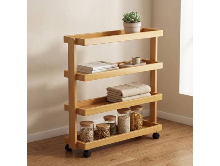 LJWFZBD Schmaler Rollwagen mit 4 Ebenen, Mobiler Regal-Organizer für Küche Platzsparendes Design, Stabile Konstruktion, Mühelose Mobilität, Vielseitig einsetzbar(Natural,31.5 (80cm))