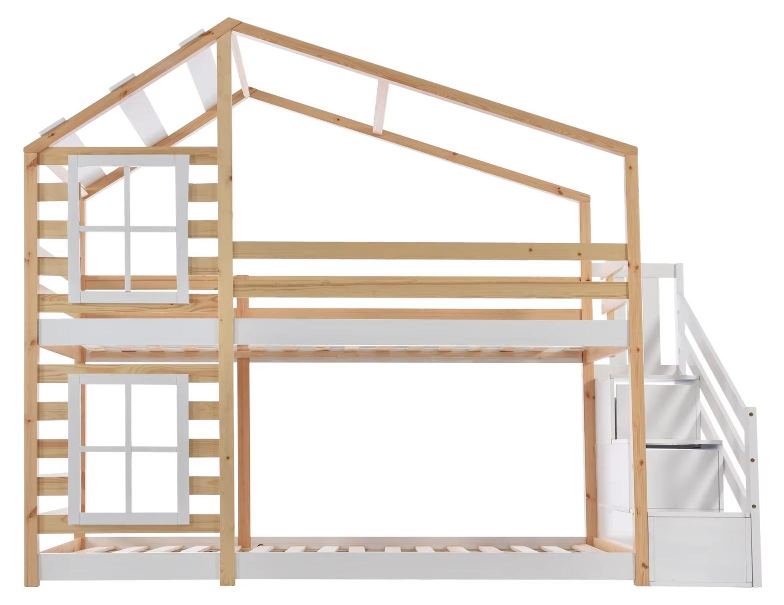 Etagenbett für Kinder - 90 x 200 cm - Hausdesign mit Dekofenster - Kiefernholz - Treppe - Sicherheitsgitter - Lattenrost - Weiß/Holz, ohne Matratze