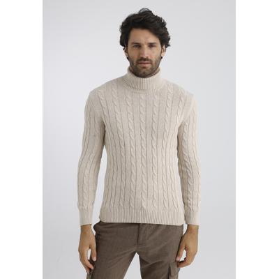 Rollkragenpullover FELIX HARDY "Rollkragenpullover mit Zopfmuster", Herren, Gr. S, beige, 100% Baumwolle, hoch geschlossener Ausschnitt, Pullover Rollkragenpullover