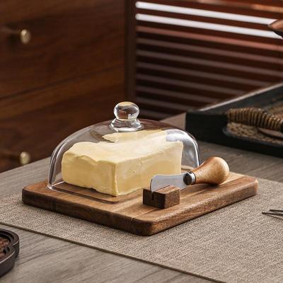 United Wood Butter Dish With Glass Lid And Spreader Knife single Knife