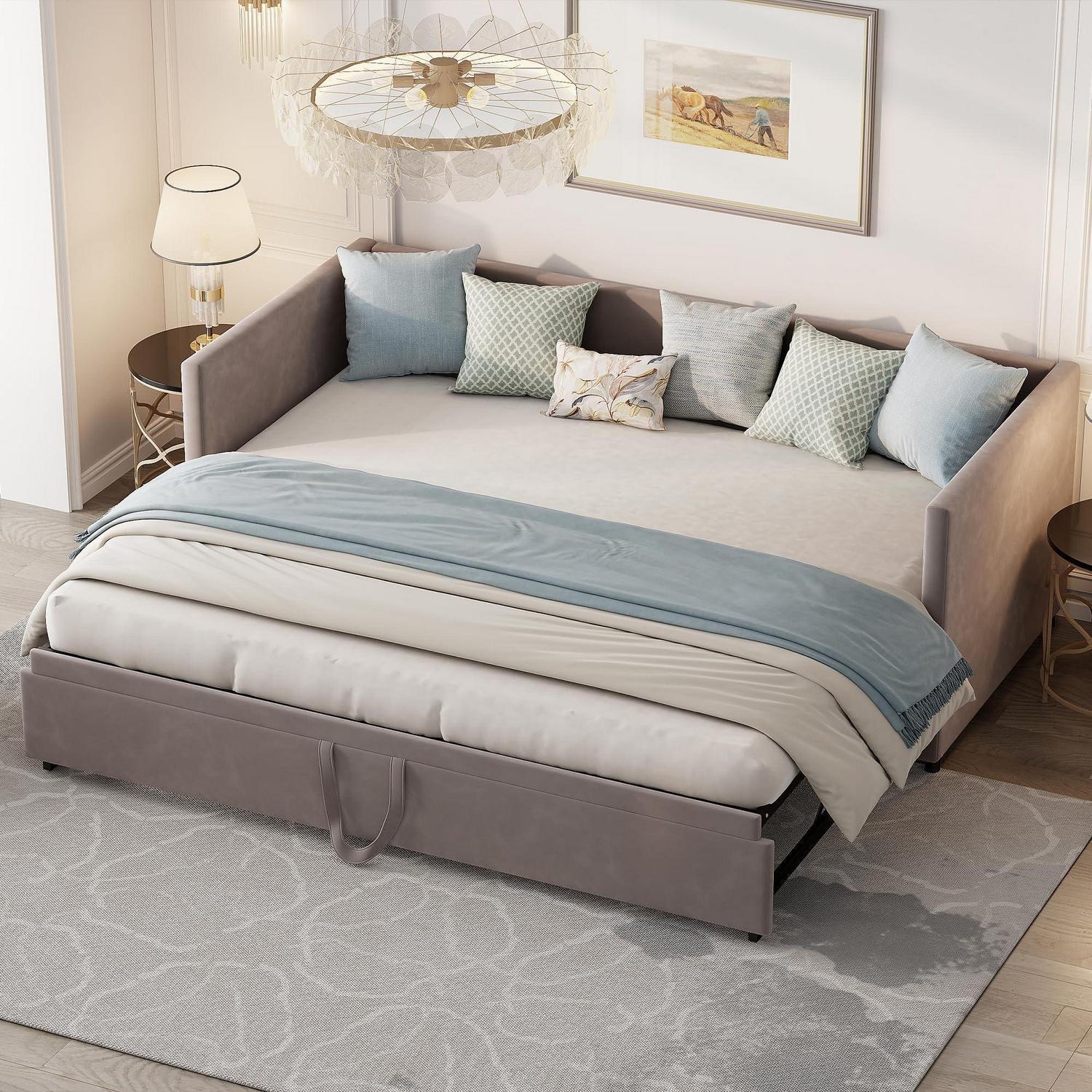 Schlafsofa 200cm Ausziehbar mit Lattenrost Samt Grau Doppelbett 90/180x200cm