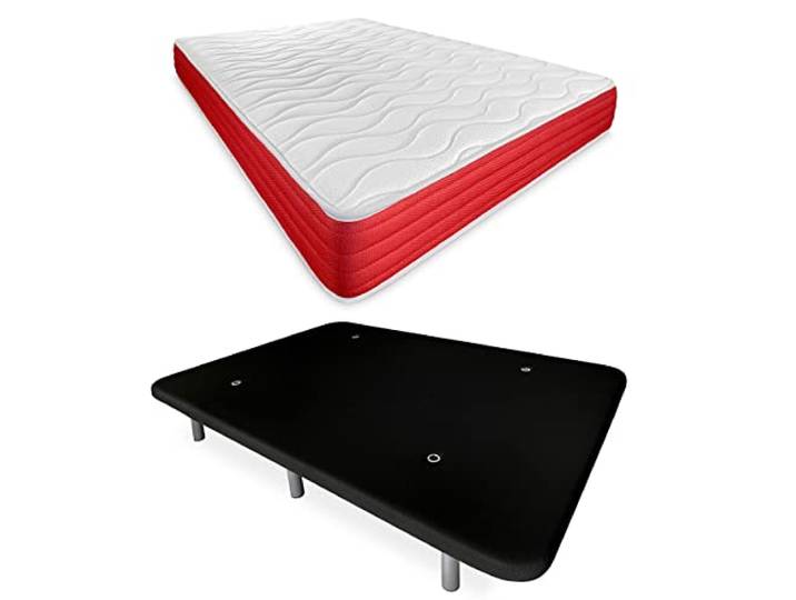DUÉRMETE ONLINE Schwarzes Komplettbett mit wendbarer Lite-Matratze und verstärktem Boden, 6 Beine, Holz, 105 x 190 cm