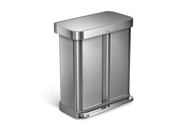 Mülleimer SIMPLEHUMAN Doppelkammer 58 l , silber (silberfarben), B:55,88cm H:65,53cm T:36,07cm, Edelstahl, Mülleimer, Mülleimer