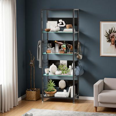ZWYO HOSIMU "65"" Metal & Glass 4-Tier Display Shelf with RGB LED Lights, 256-Color APP Control, Adjustable Storage Box & Hooks"