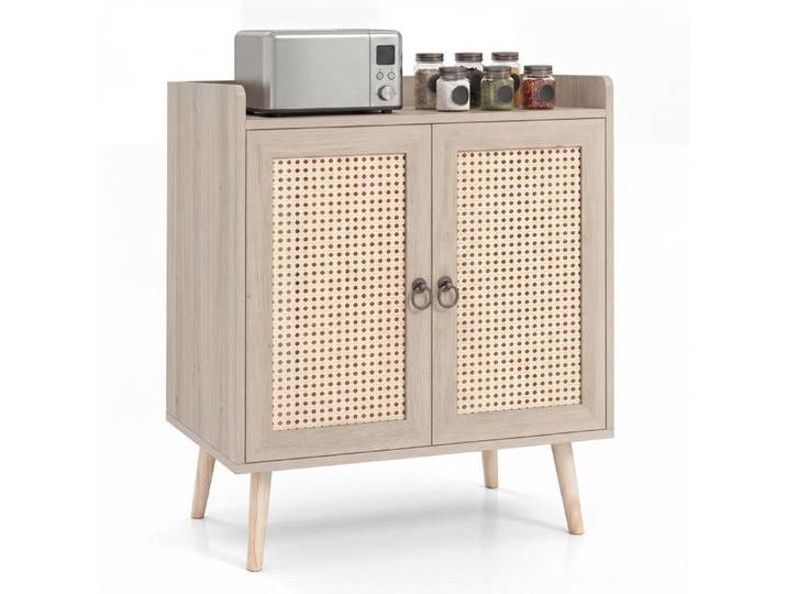 COSTWAY Buffet Cuisine - 2 Portes Bohème Étagère Réglable Pieds en Pin Dispositif Anti-basculement pour Cuisine Salon Naturel