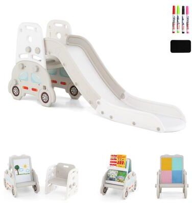 Costway 5 in 1 Convertible Toddler Slide Set Kids Art Easel with Stool and Book Rack-Gray