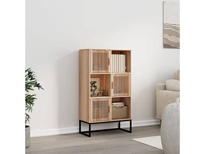 KGHFDVB Highboard 70x35x125 cm Holzwerkstoff, 3 Tueren Massive Kiefernholz Tueren, Eisen Fuesse, 3 Faecher, Stabil, Skandinavisches Design