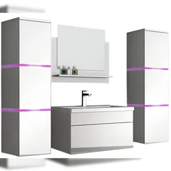 Aileenstore 5 teiliges Waschplatz Badmöbel Komplettset inkl. LED Beleuchtung hochglanz Weiss
