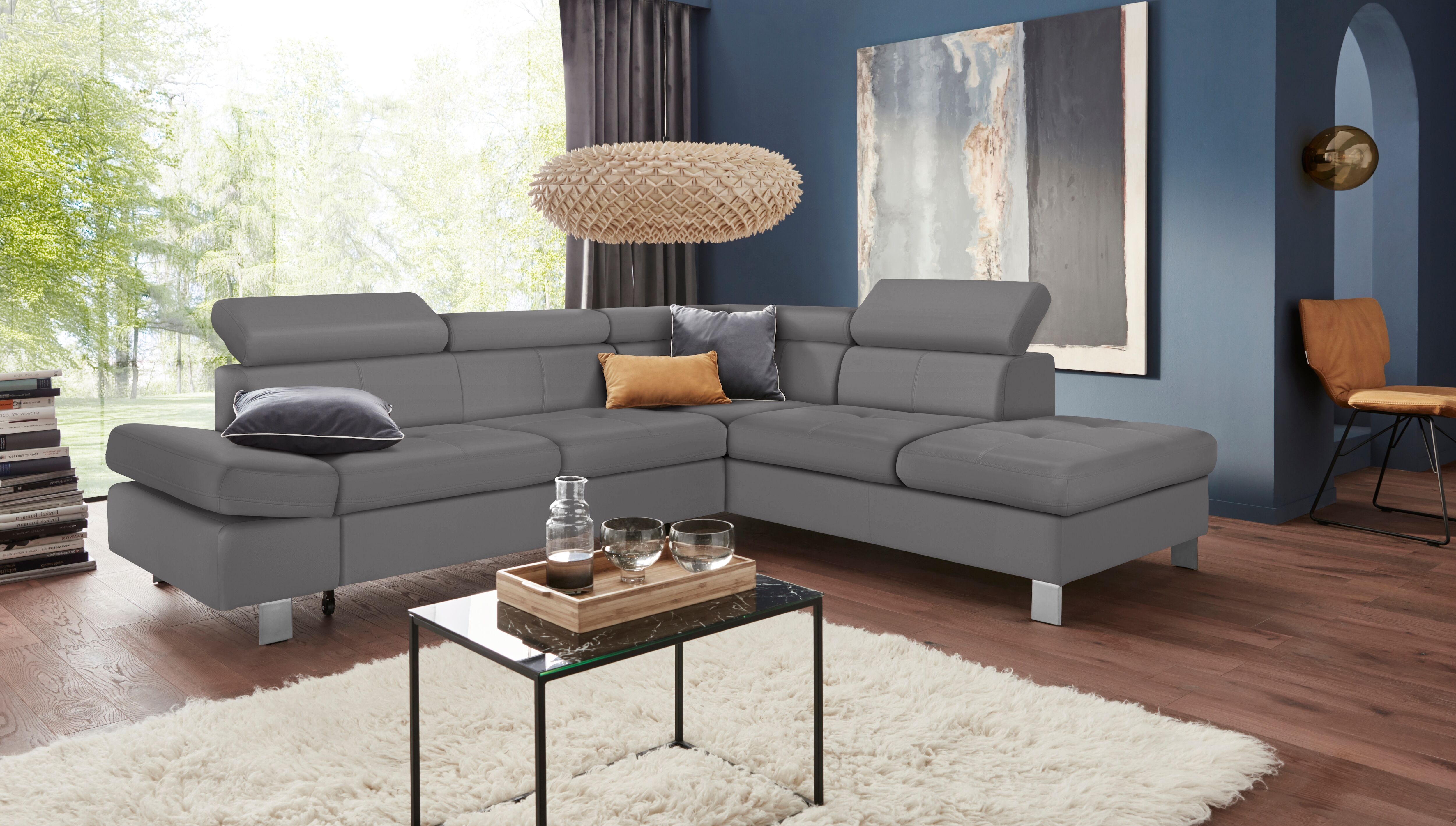 Ecksofa EXXPO - SOFA FASHION "Fiji, L-Form", grau (delphin), B:272cm H:98cm T:232cm, Luxus-Kunstleder;Webstoff (100% Polyester);Webvelours (100% Polyester), Sofas, Ecksofa, mit Kopf- bzw. Rückenverstellung, wahlweise mit Bettfunktion delphin B/H/T: 272cm 
