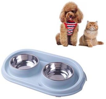 Snug & Styled Premium Anti Skid Stainless Steel Dog Feeding Bowl With Leak Proof Double Dish Design blue
