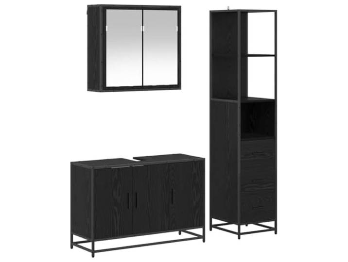 KTHLBRH Badezimmermöbel-Set 3-teilig Eiche schwarz 90 x 33 x 60 cm Technisches Holz, Metallbeine, Wanddesign, Schubladen und Einlegeböden, schwarze Stangengriffe, Alltagsgebrauch
