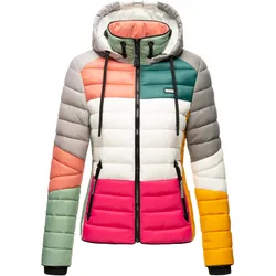 NAVAHOO Damen Steppjacke leichte Übergangsjacke mit Kapuze im Colourblocking Stil Lulana Multikulti
