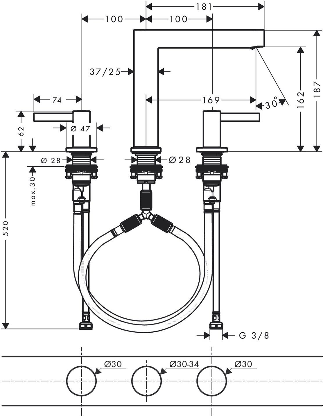 Hansgrohe Finoris 3-Loch Waschtischarmatur 160 mit Push-Open Ablaufgarnitur