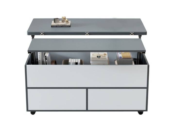 Table Basse Réglable-Gris-Blanc 100x98x65cm-Avec Rangement Caché-Étagère-Roulettes-Multifonction