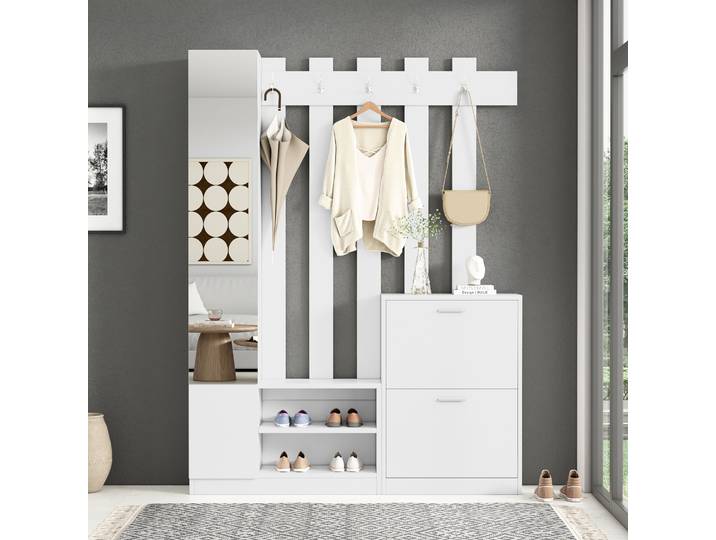 KOMHTOM Ensemble armoire blanche avec miroir - avec 2 portes pliantes - armoires à chaussures + 2 armoires de rangement, étagère penderie suspendue