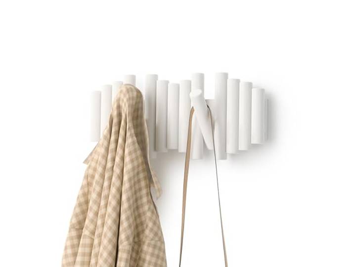 Umbra Picket Patères murales rabattables\, 5 crochets\, Blanc Bois de pin\, supportent jusqu'à 2\,25 kg\, installation facile\, rangement mural\, convient à l'entrée