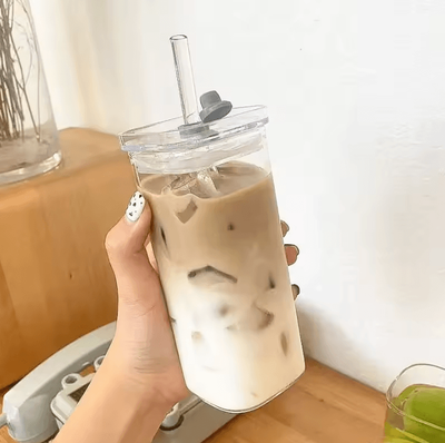 Uplift Curations Square Heat Resistant Glass Cup With Lid & Straw 400ml Transparent Coffee & Juice Tumbler clear