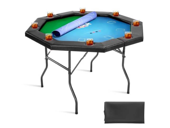 VEVOR klappbarer Pokertisch für 8 Spieler (1325 mm) Kasino-Freizeittisch mit gepolsterten Schienen & Getränkehaltern, achteckige tragbare Spieltische mit Filz- und Metallbeinen Texas Hold’em Poker
