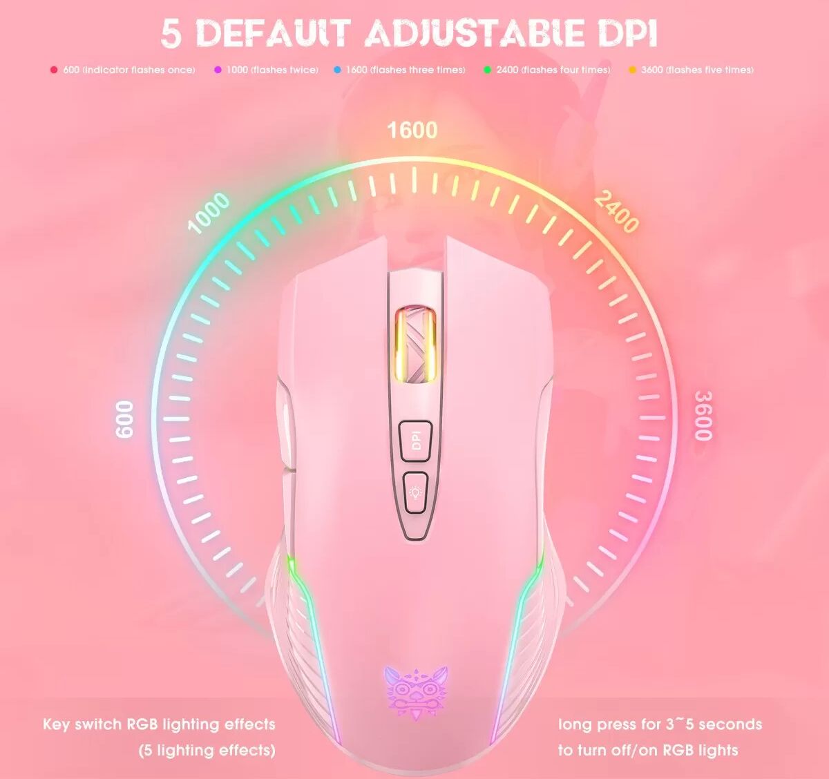 INF CW905 2.4G Bluetooth Dual-Mode wiederaufladbare kabellose Maus – 5600 DPI, 5-stufig einstellbar, lange Akkulaufzeit, Pink,