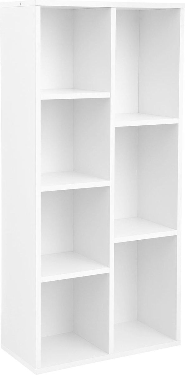 Wit openstaande boekenkast met 7 vakken en hoogte 106 cm