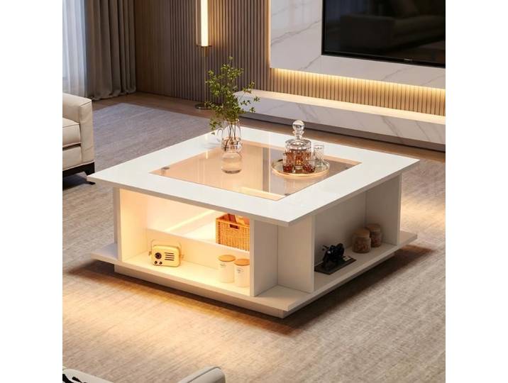 Table basse - WESTYLE - 70x70x30 cm - Carrée - Plateau verre - Éclairage LED