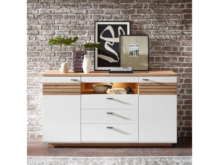 Lomadox Sideboard mit Beleuchtung 175cm breit, weiß mit Eiche