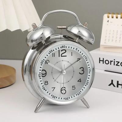 Uplifted Finds Retro Twin Bell Alarm Clock   Metal Night Light Table Clock   Professional Loud Bedside Executive Timepiece silver