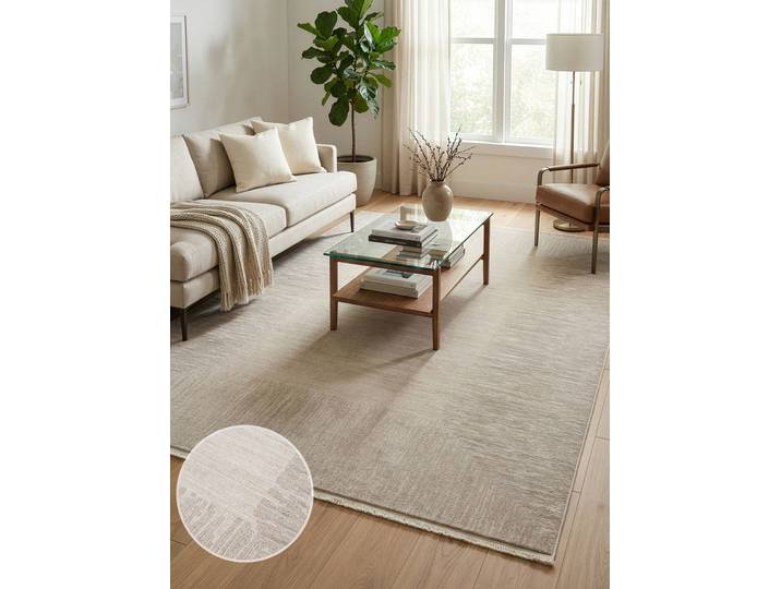 Teppich CALVIN KLEIN HOME Passages, mit Fransen, Designerteppich , beige, B:100cm H:5mm L:200cm, Kunstfaser, Viskose, Teppiche, Teppich, Rahmen, meliert, Wohnzimmer, Schlafzimmer, Esszimmer
