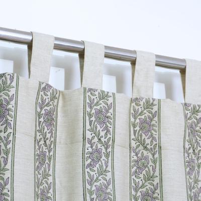 Fabdivine Floral Stripe Linen Blend Tab Top Curtain Panel, Hand Block Printed Farmhouse Decor - Khushi