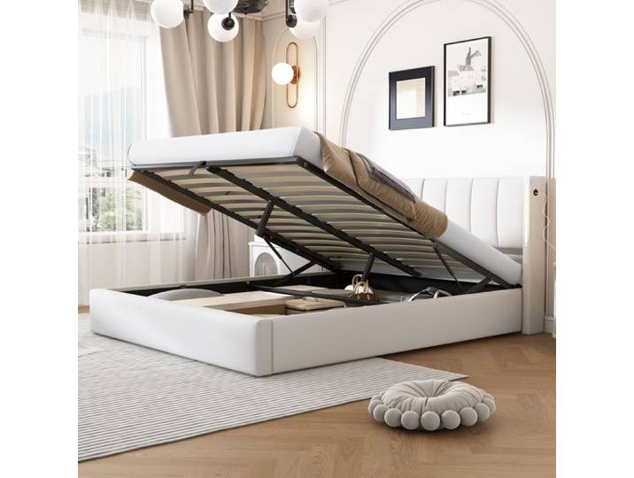 HOMVRA Lit Coffre Adulte 140x190 Cm Avec Éclairage LED Et Port USB PU Blanc
