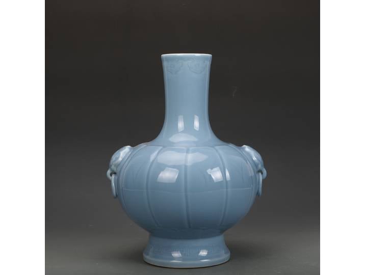 Vase bleu de la dynastie Qing, en porcelaine chinoise, avec poignée d'éléphant, Antique, Collection orientale ancienne, ornements