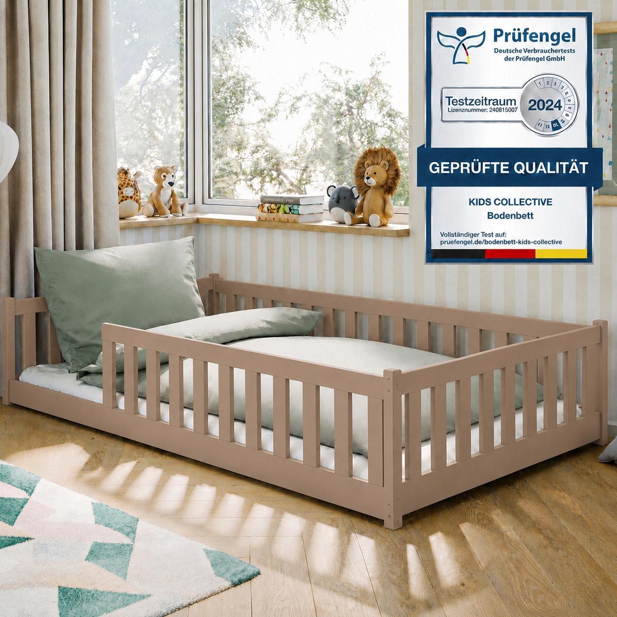Kinderbett Bodenbett 120x200 cm mit Rausfallschutz, Matratze & Lattenrost Montessori Bett Bed Gitterbett Kinder Jugendbett Einzelbett | Milchschokolade