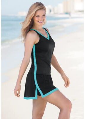 Plus Size Women's Chlorine-Resistant A-Line Two-Piece Skirtini Set by Swim 365 in Black Seafoam (Size 18)
