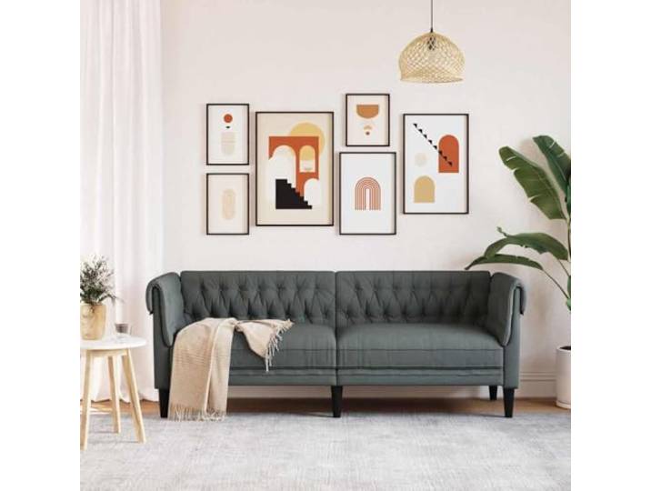KTHLBRH Sofa dunkelgrau 3-Sitzer aus Polyester Schaumstoffpolsterung, gerollte Arme, Chesterfield-Design, 201,5 x 74,5 x 74,5 cm