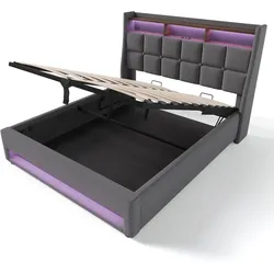 Merax Polsterbett, Baumwolle-Leinen Bezug Stauraumbett mit USB-Anschluss + LED 140x200cm, grau