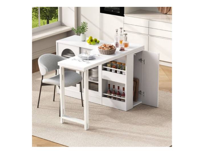 ANYSUN Bartisch Ausziehbar, 360° drehbar, mit Stauraum & Glastür, reversibel, flexibel, Platzsparendes Design für Wohnzimmer, flexibel anpassbar