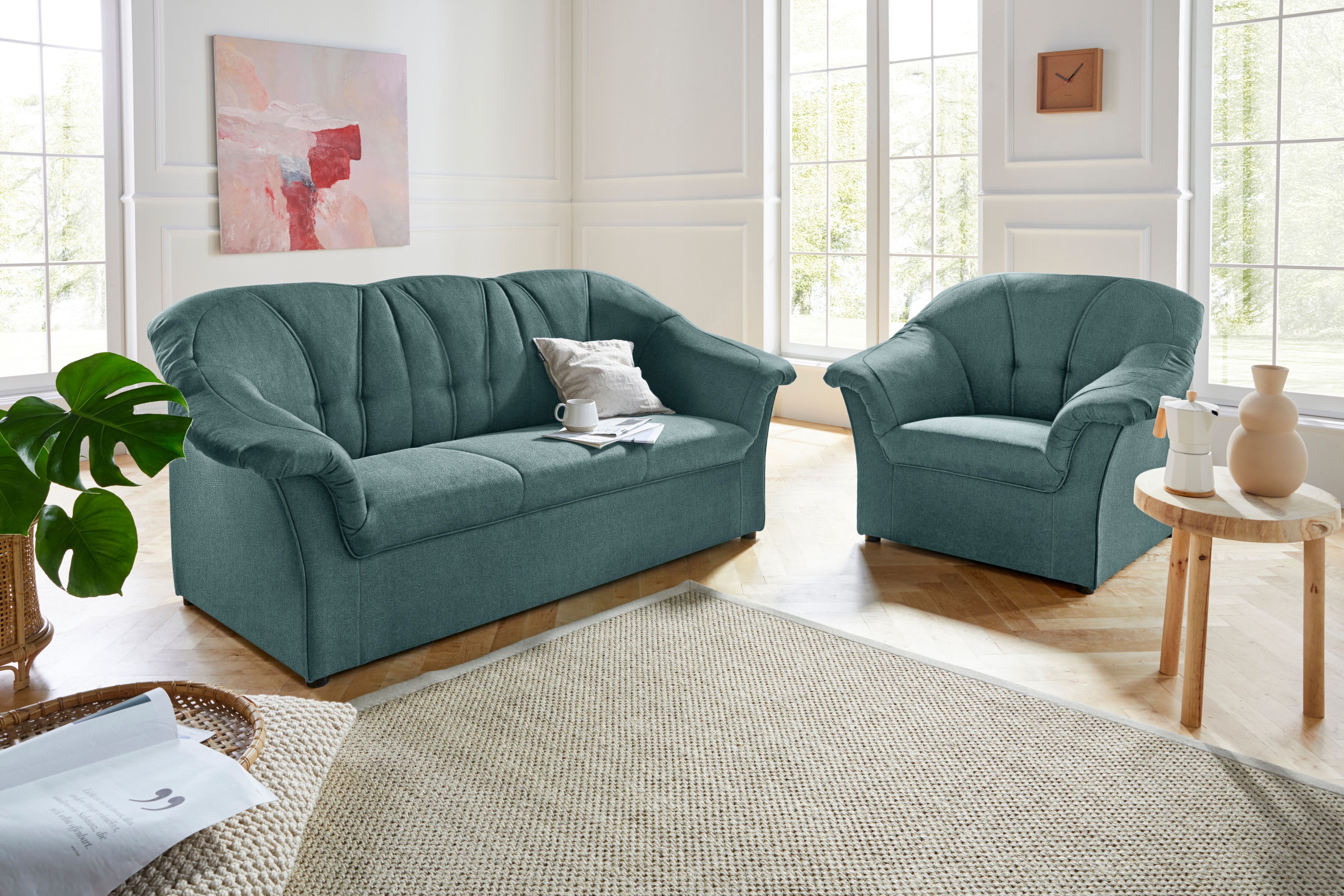 Polstergarnitur DOMO COLLECTION "Pegnitz zeitlos und elegant", blau (petrol), Chenille-Optik, 95% Polyester, 5% Nylon, Sitzmöbel-Sets, Polstergarnitur, Sessel und 3-Sitzer petrol Chenille-Optik