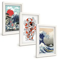 BILDER SET 3er Set - 20x30 cm Weißer Rahmen - Berge von Fischen Große Welle Japan